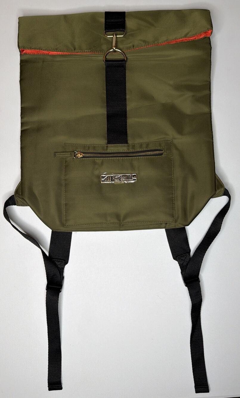 Jean Paul Gaultier Army Green Nylon Fold Over Roll Top Backpack W/ Orange Lining